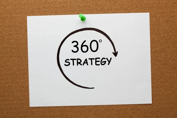 360 Grad Strategiekonzept Auf Weißem Papierbogen Auf Korkkarton Geheftet — Stockfoto