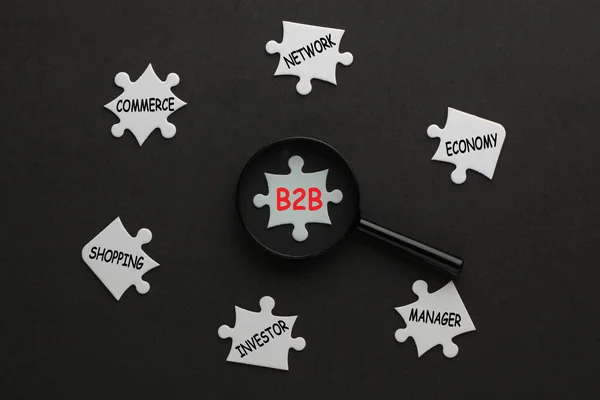 Diagramma Business Business Con Lente Ingrandimento Pezzi Puzzle Bianchi Concetto — Foto Stock