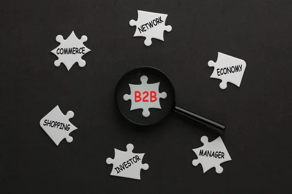 Business Business Diagramm Mit Lupe Auf Weißen Puzzleteilen Geschäftskonzept — Stockfoto