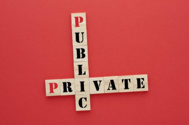 Kırmızı arka planda tahta bloklarda özel ve kamusal kavram bulmacaları. Bulmaca ipuçlarını kavra