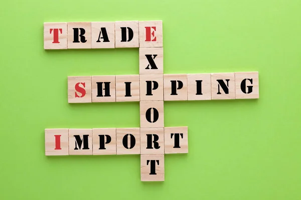 Parole Commercio Esportazione Importazione Spedizione Concetto Indizi Cruciverba Blocchi Legno — Foto Stock