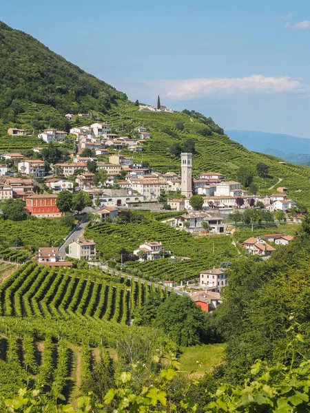 Valdobbiadene staden och Prosecco vingårdar i Veneto — Stockfoto