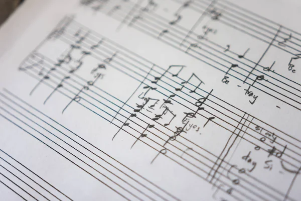 Temiz beyaz kağıda elle yazılmış notalar.