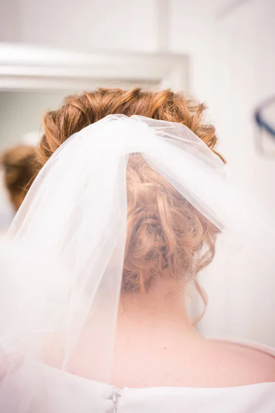 Bridal veil in bride\'s hair
