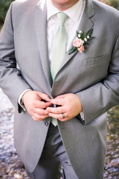Charcoal Business Suit Green Necktie Floral Boutonniere — Stock Photo, Image