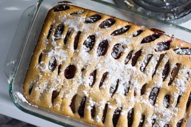 Yeni pişmiş erikli kekin üzerine beyaz pudra şekeri. Alman usulü.