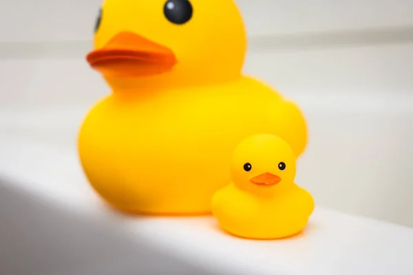 Rubber duck family, mother and baby duck on the edge of bath tub