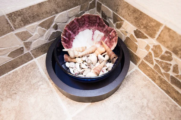 Döşeme tezgahında dekoratif deniz kabukları