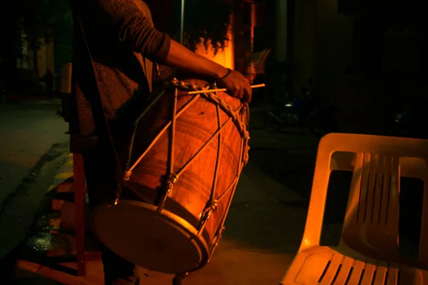 Drum, Dhol carried around by a person at night — Stock Photo, Image