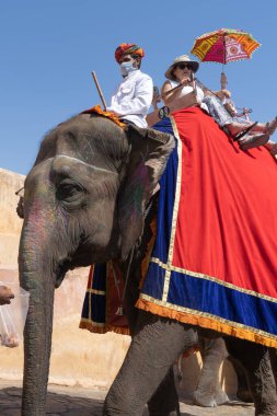 Üzerinde turistlerin bulunduğu kırmızı bezle kaplı filler Jaipur 'daki Amber Kalesi' ne gidiyorlar.