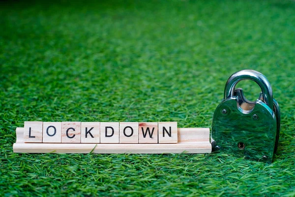 Wooden blocks set on grass with the text Lockdown on them with a shiny silver lock on the side — Stock Photo, Image
