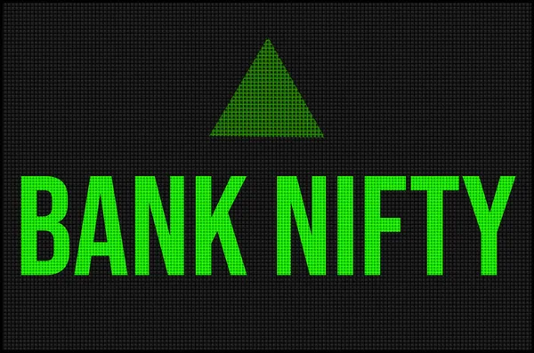 A Black LED Board with green led lights showing bank nifty and an upward arrow to show the movement.