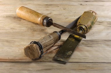 Joiner tools for woodwork. Chisel with a broken handle and chisels