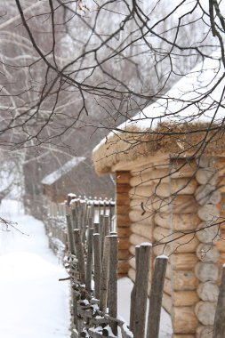 Ağaç bir barakanın arka planında dallardan yapılmış ahşap bir çit.