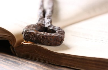 Eski bir kitabın sayfaları arasındaki paslı metal detayı