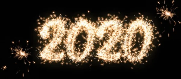С Новым годом и Рождеством 2020. Письменные сверкающие искорки, написанные в 2020 году, выделены на черном фоне. Накладываемый шаблон на Рождество, Новый год, китайская новогодняя открытка — стоковое фото