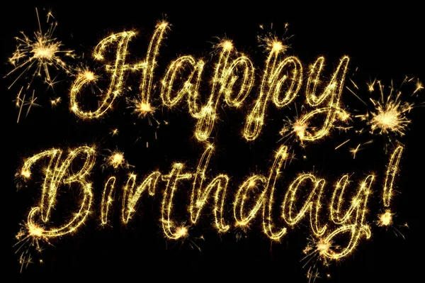 Celebration concept. Text Happy Birthday written sparkling sparklers isolated on black background. Overlay template for greeting card and any projects — Stock Photo, Image