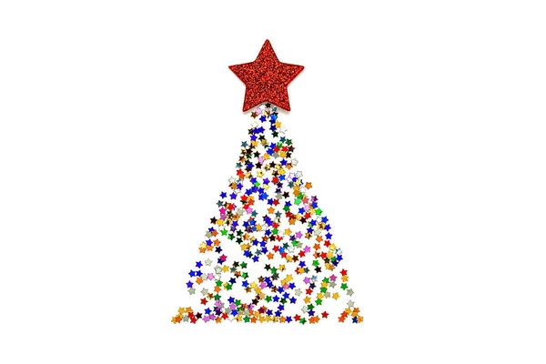 Choinka wykonana z wielobarwnego konfetti w kształcie gwiazdy wyizolowanego na biało. Święta, zima, Nowy Rok, minimalna koncepcja. Płaskie ułożenie, widok z góry — Zdjęcie stockowe