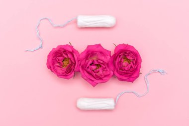 Üst manzara kompozisyonu pembe gül çiçekleri ve pastel pembe arka planda iki tampon. Kadınların kritik günleri ve dönem kavramları. Düz konum, kopyalama alanı, seçici odak