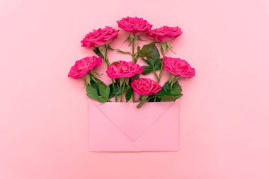 Tatil konsepti. Pembe arka planda pembe zarf içinde pembe güller. Model yap, düz yat, üst görünüm, kopyala alanı. Düğün davetiyesi ya da aşk mektubu. Sevgililer Günü ya da diğer tatil kavramları.