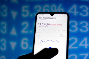 Bu resimde Dow Jones Endüstri Ortalaması 'nın borsa verileri akıllı telefondan görülüyor.