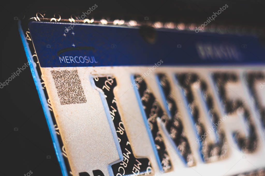 January 10, 2020, Brazil. Detail of the QR code on the new Mercosur vehicle license plate.