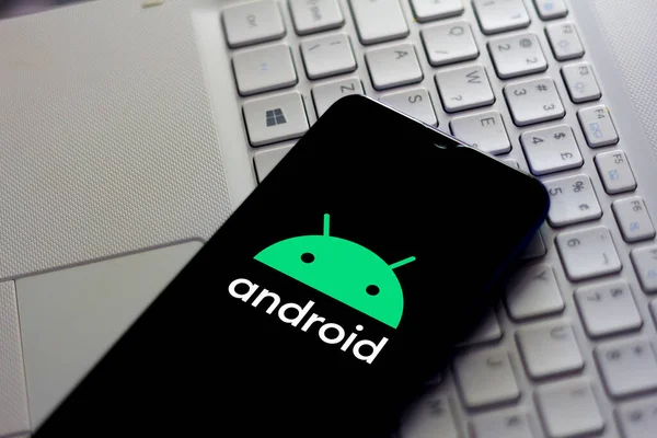 18 février 2020, Brésil. Dans cette illustration photo, l'application logo Android est affichée sur un smartphone — Photo