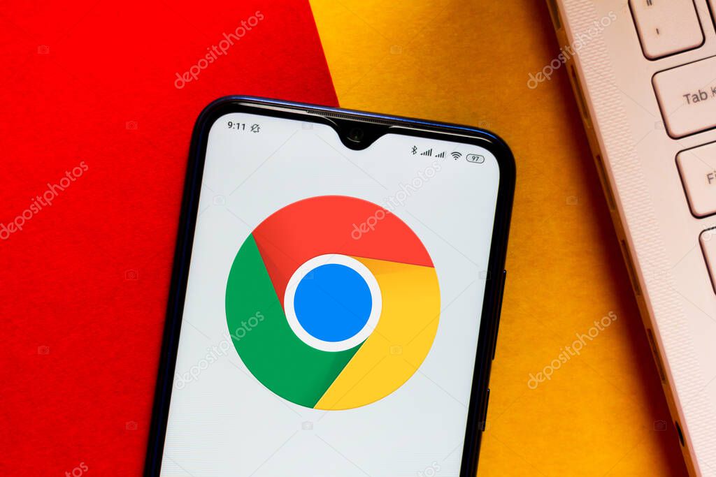 March 28, 2020, Brazil. In this photo illustration the Google Chrome logo is displayed on a smartphone.