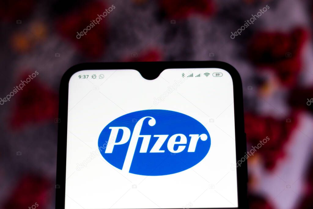 March 31, 2020, Brazil. In this photo illustration Pfizer logo is seen displayed on a smartphone.