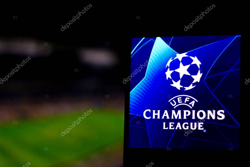 April 3, 2020, Brazil. In this photo illustration a UEFA Champions League logo seen displayed on a smartphone.