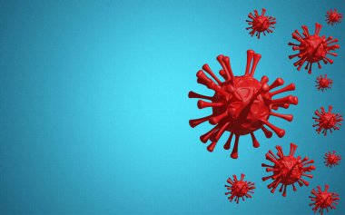 Koronavirüs salgını (COVID-19). Kırmızı konsept resim ile mavi arkaplan arasında 3B görüntüleme.