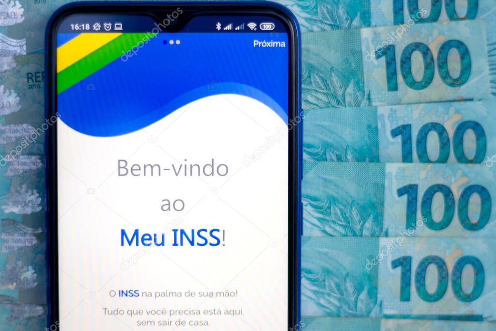 April 26, 2020, Brazil. In this photo illustration the app Meu INSS logo is displayed on a smartphone.