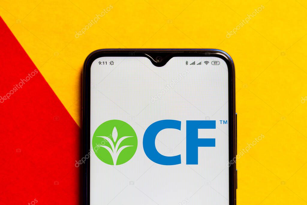 May 18, 2020, Brazil. In this photo illustration the CF Industries Holdings logo seen displayed on a smartphone.