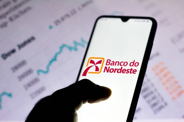 2020年5月22日 ブラジル この写真では 背景に株式市場のコンピュータモデルとスマートフォンに表示されているバンコ ノルデのロゴ — ストック写真