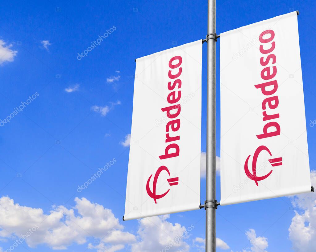 May 22, 2020, Brazil. In this photo illustration two flags with the Bradesco logo.