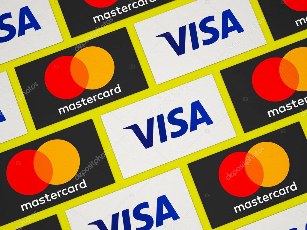 May 22, 2020, Brazil. In this photo illustration cards with the logos of MasterCard and Visa.