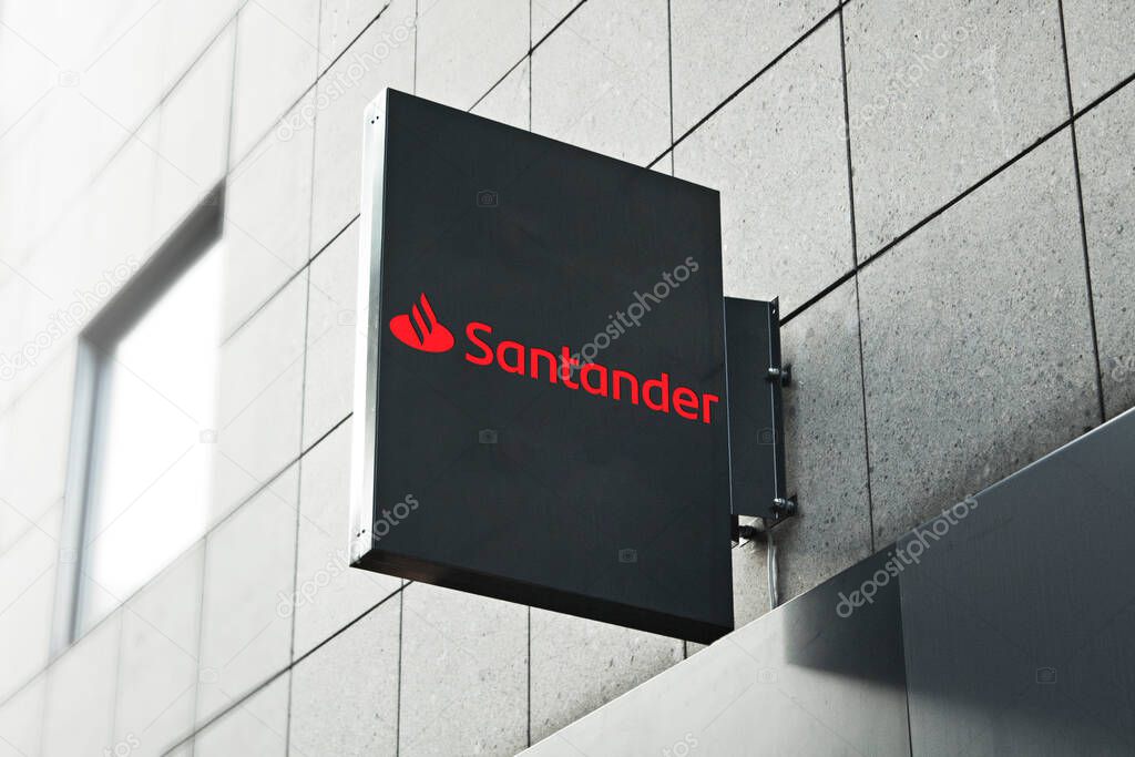 May 22, 2020, Brazil. In this photo illustration the facade of the Banco Santander.