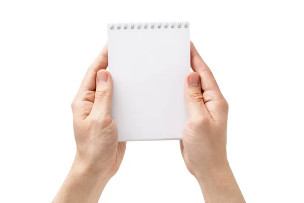 Mannelijke handen met een open leeg notitieboekje. geïsoleerd op wit. — Stockfoto
