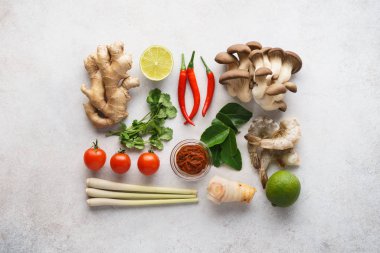 Tom Yum için ana malzemeler seti - baharatlı Tayland çorbası..
