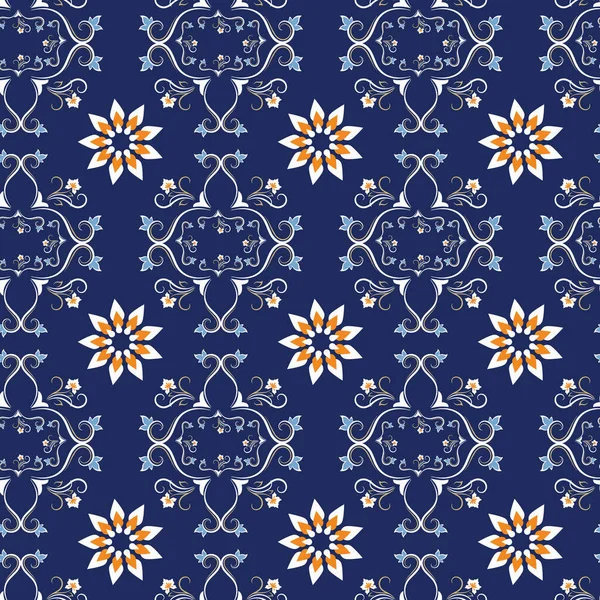 Vektor königsblau, orange, weißer Damast nahtloser Muster Hintergrund — Stockvektor