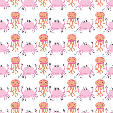 Beyaz yüzeyde şirin kawaii ahtapot ve yengeç pürüzsüz desenli arkaplan