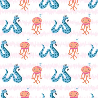 Beyaz yüzey üzerinde şirin kawaii ahtapot ve kusursuz yılan desenli arka plan