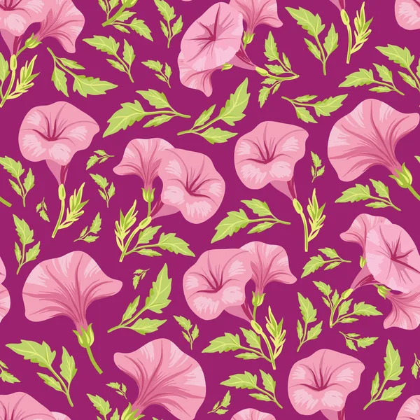 Belle fleur vectorielle pétunia rose avec motif de répétition des feuilles arrière-plan — Image vectorielle