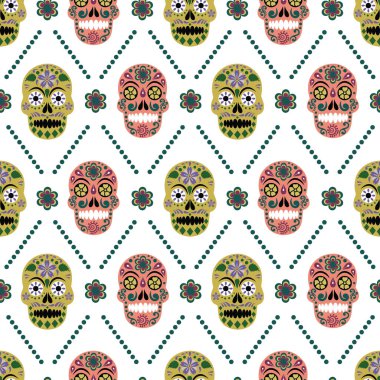 Vektör gotik pastel renkli şeker kafatası. Çiçeksiz desenli arka plan.