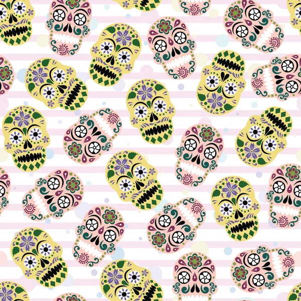 Векторный готический сахарный череп пастельного цвета с полосками и горошек на фоне бесшовных узоров — стоковый вектор