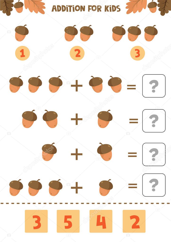 Addition for kids. Mathematical game. Counting game. Autumn worksheet. Count the leaves.