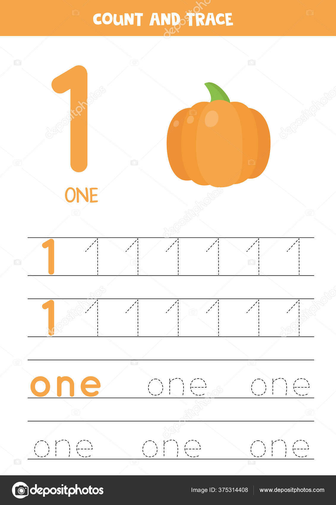 数字と文字のトレース練習 1番目と1番目の単語を書く 漫画カボチャでワークシートをトレースします 印刷の準備ができました 数えると書くことを学ぶ子供のための数学ゲーム ストックベクター C Milya24