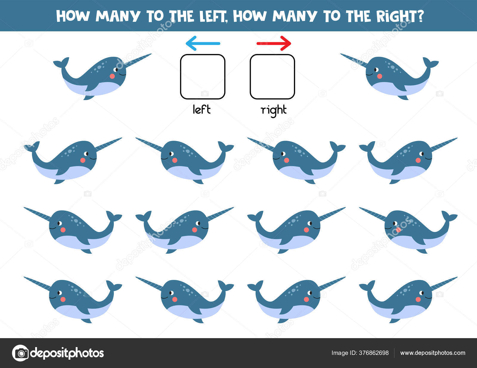 Left or right. Spatial orientation for kids. Cute cartoon blue narwhal