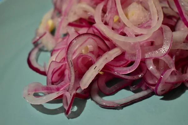 Red pickled onion slices and slices on a plate.