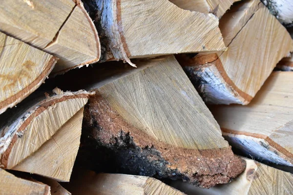 Warehouse of birch wood split into small pieces